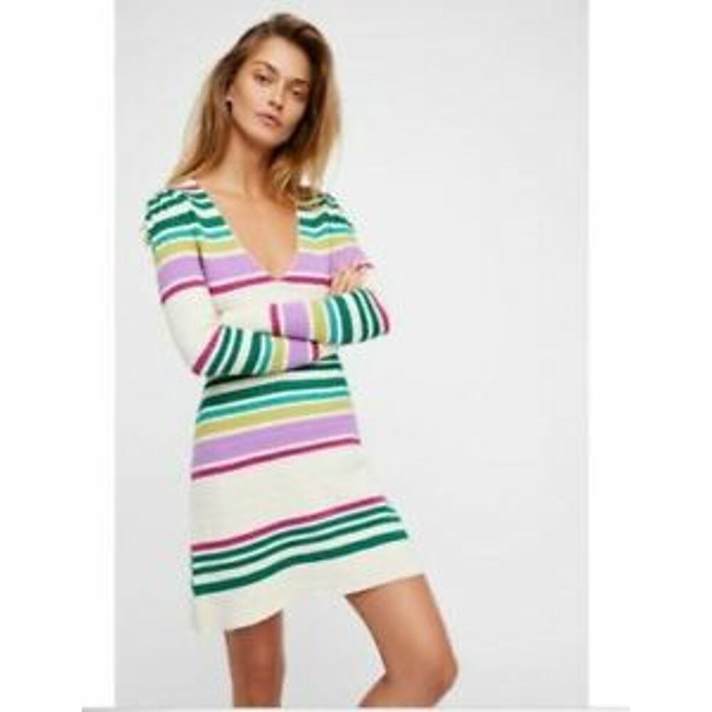 NEW Free People Gidget Ivory Striped Thermal Ribbed Sweater Dress- Size M